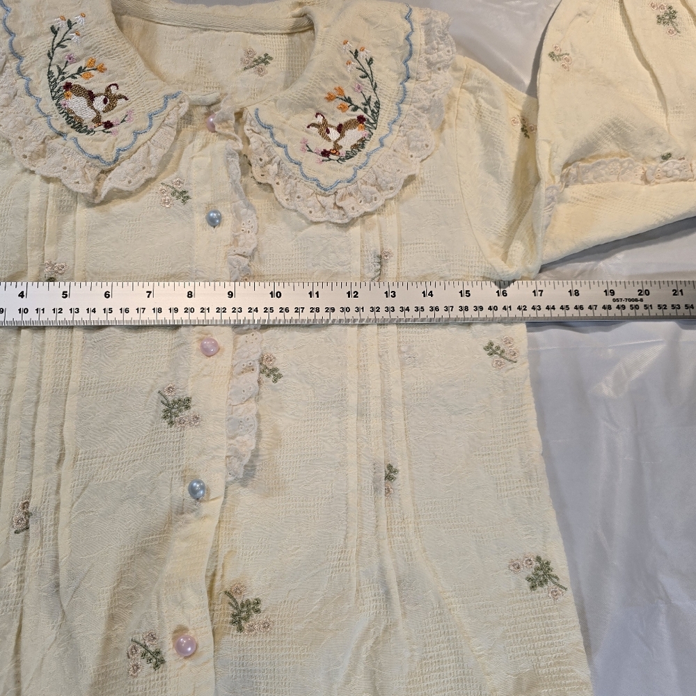Charming Cream Girl's Blouse with Embroidered Bunnies And Flowers. - Picture 6 of 7